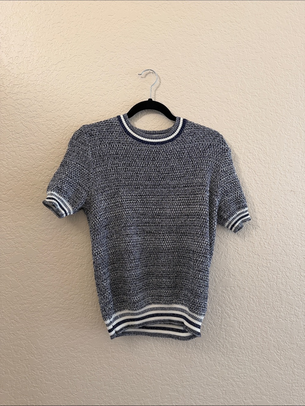 Navy and White Knit Short-Sleeve Sweater